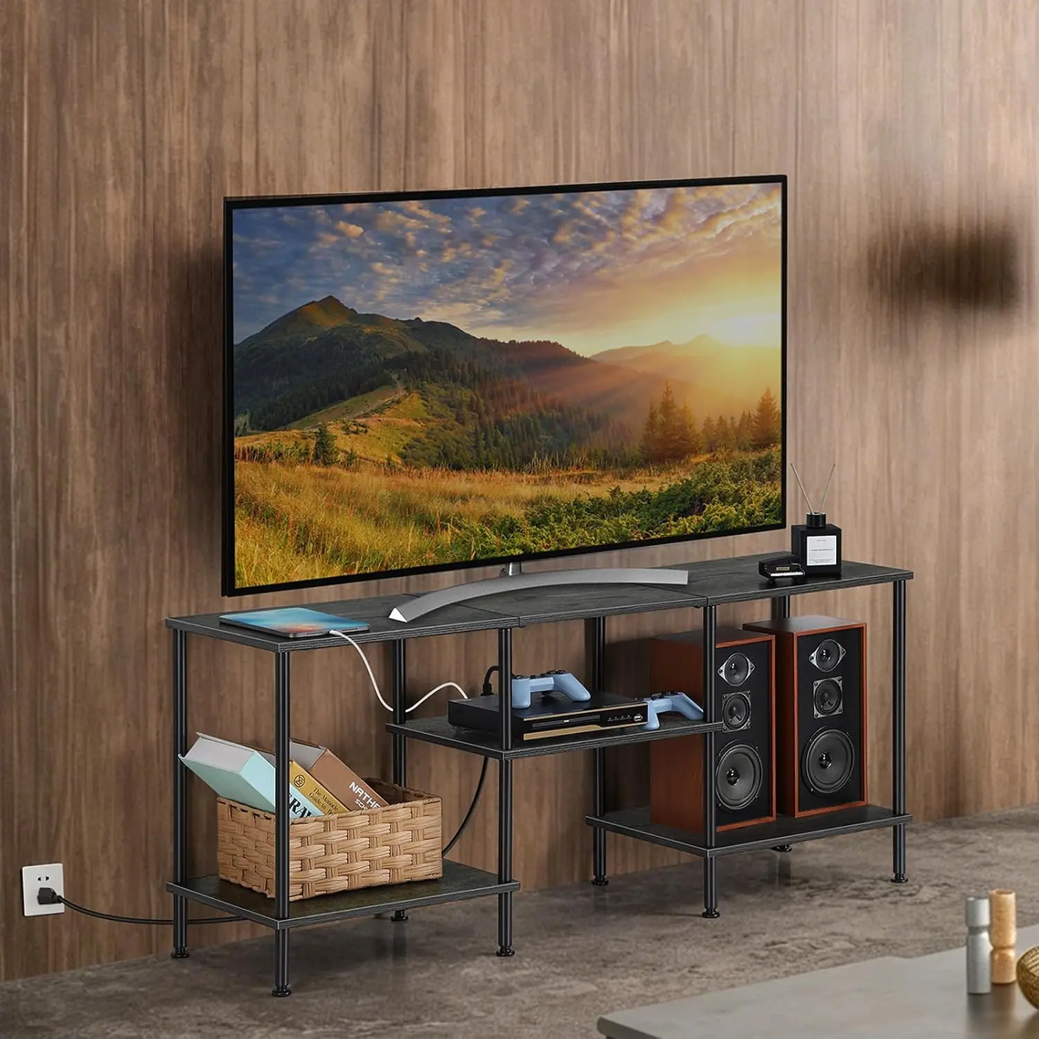 Modern Dark Grey TV Stand - 50-inch TV Capacity, Power Outlets, Storage, Small Indoor Furniture Entertainment Center Console Table for Living Room Bedroom