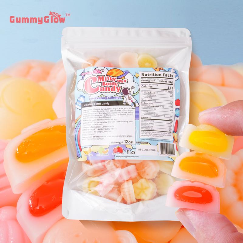 【Hyped Snack】GummyGlow Wax Candy 12 oz Bag Coconut- Variety Milk Fruity Flavor（banana，cantaloupe, strawberry） Filled Fun Shapes Edible Wax Sweet Snack for Parties Bonbon Sweet Fruit Bite