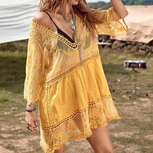 Women's fashionable solid-color beach set, sexy lace loose-fitting resort swimsuit dress with bikini top, comfortable fabric, the best choice for vacation.