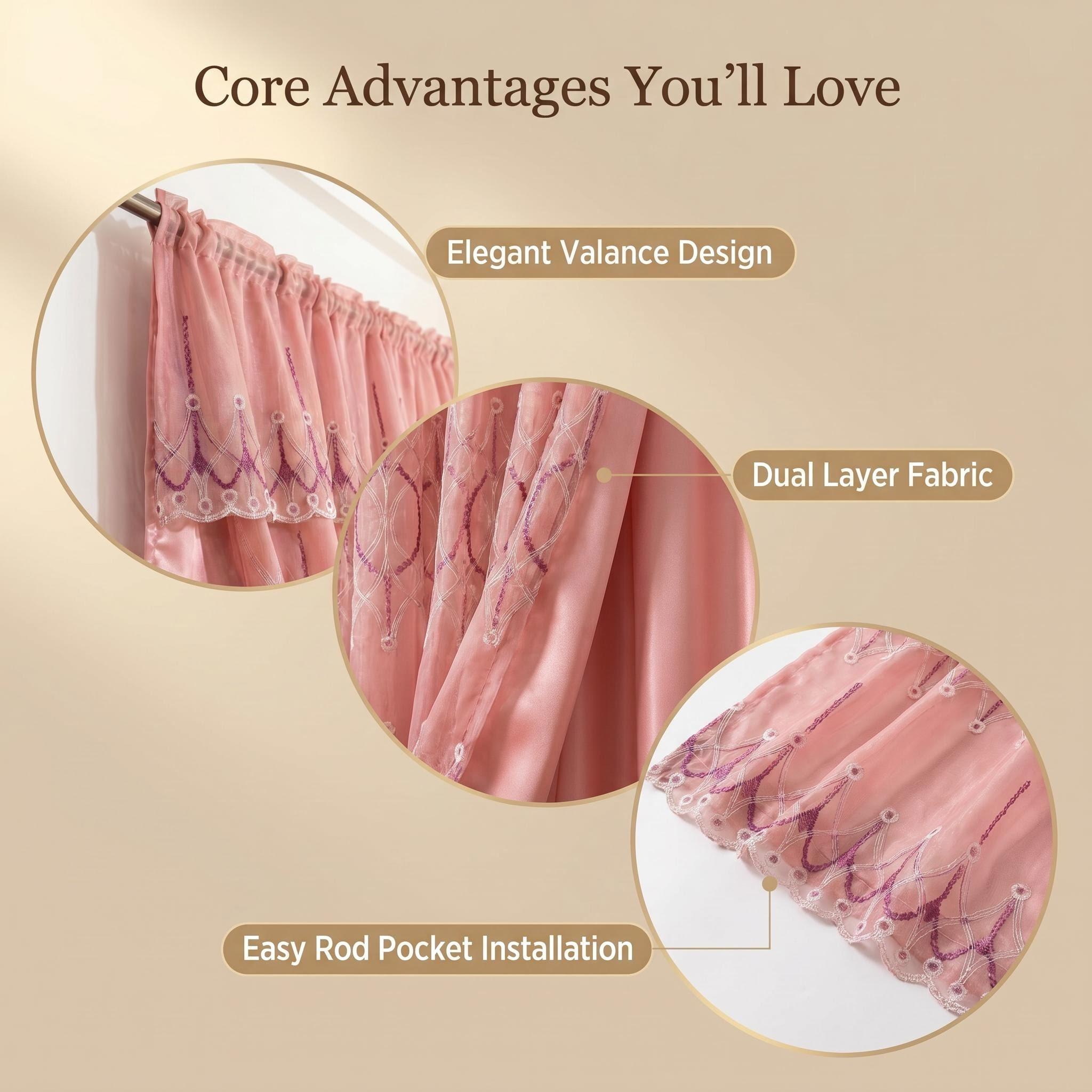 Embroidered Double Layer Curtains 2 Panels Set 52x84 Inch with Matching Valance 52x18, Luxury Vintage European Drapes with Satin Blackout Liner, Classic Rod Pocket Complete Window Treatment, Elegant Decor for Living Room Bedroom Farmhouse QF18