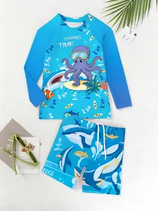 Kids Swimwear for Boys and Girls, Octopus Underwater Print, Long Sleeve Sun Protection Set, Perfect for Pool and Beach Fun, Sea Fancy Swimsuits, Swimwear Sets