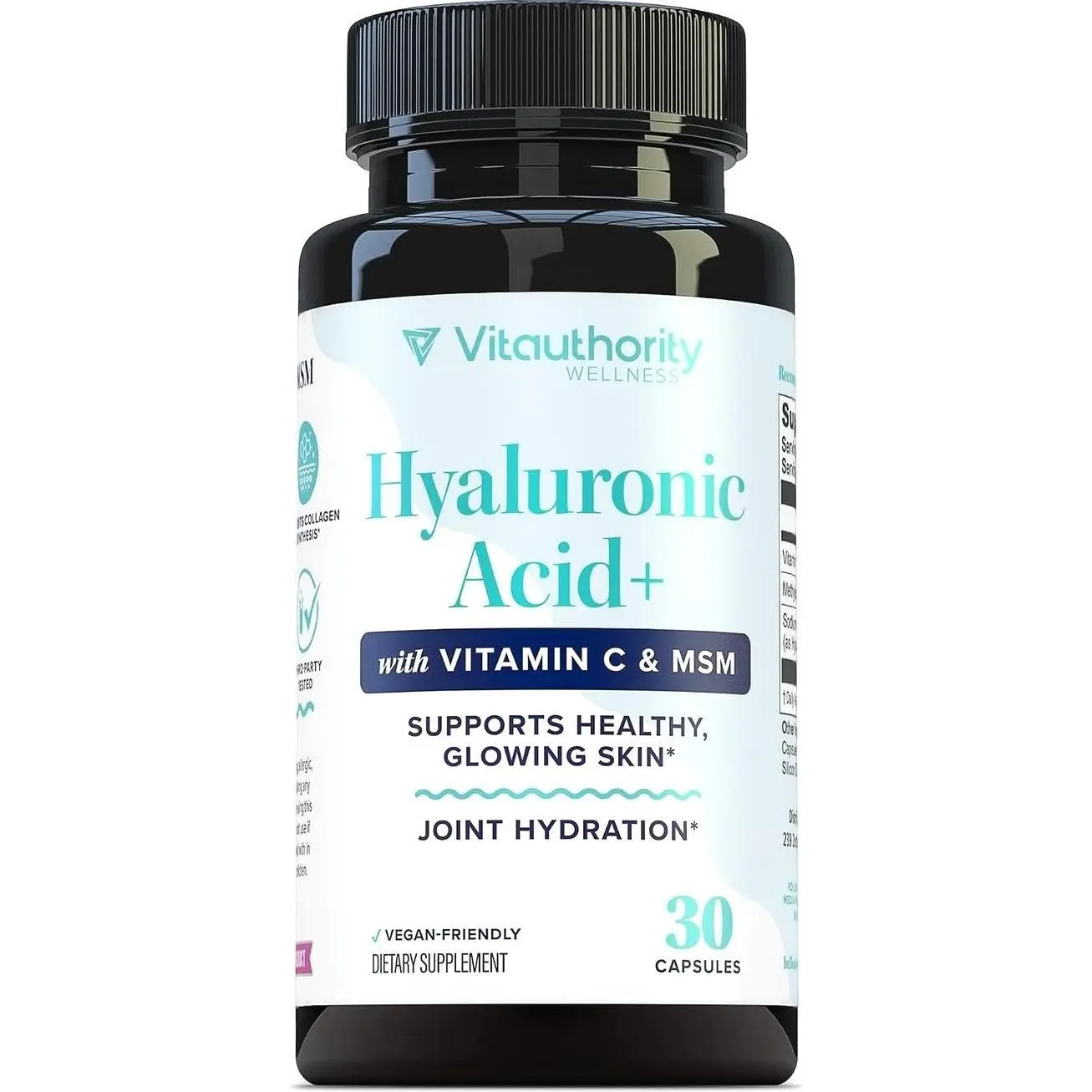 Hyaluronic Acid Capsules with MSM & Vitamin C | 120mg Sodium Hyaluronate | Skin Hydration, Elasticity & Collagen Support | Vegan, Non-GMO, Antioxidant Beauty Supplement 30 Servings