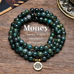 8mm Green Moss Agate Gemstone Healing Crystal Stone 108 Mala Beads Money Attraction Bracelets Long Beaded Wrap Necklace Genuine Gemstone Mala Prayer Beads Lotus Buddha Charm Yoga Meditation Necklace Ideal Gift Jewelry ,  Lotus Pendant, Ramadan.Long Chain