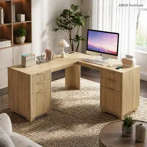 Modern ARCH L-Shaped Corner Desk with MDF Board, Drawers, Bookshelf, Storage and Charging Ports for Home Office or Gaming Use