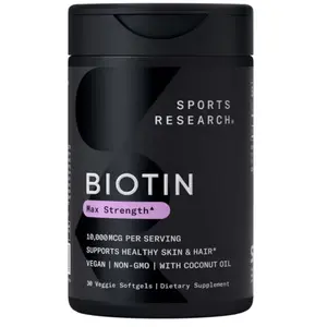 Sports Research Biotin 10,000mcg with Organic Coconut Oil - Biotin (Vitamin B7) for Healthy Skin and Hair Support* - for Women and Men - Vegan, Non-GMO, Gluten & Soy-Free - 30 Veggie Softgels