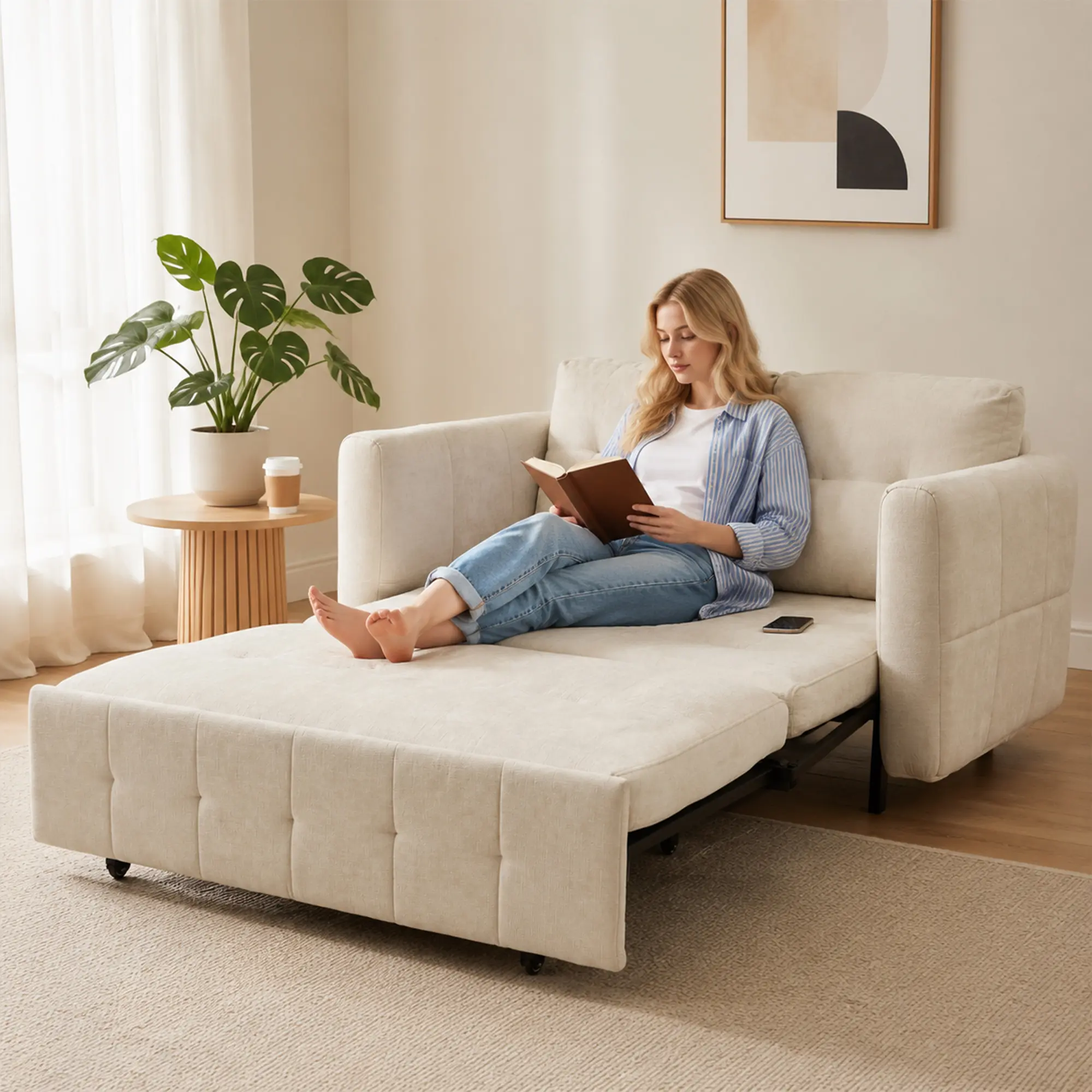 90.1 Inch 3-In-1 Convertible Sleeper Sofa Bed, Adjustable Backrest Pull Out Loveseat Couch With 4 Pillows, For Apartment Living Room Bedroom Small Spaces