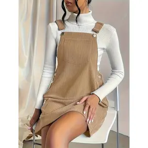 Elegant Pocket Front Overall Dress - Solid Color Polyester Pinafore with Strappy Back & Buttons, All-Season Wear for Women BL32596 - Suits Womenswear Black