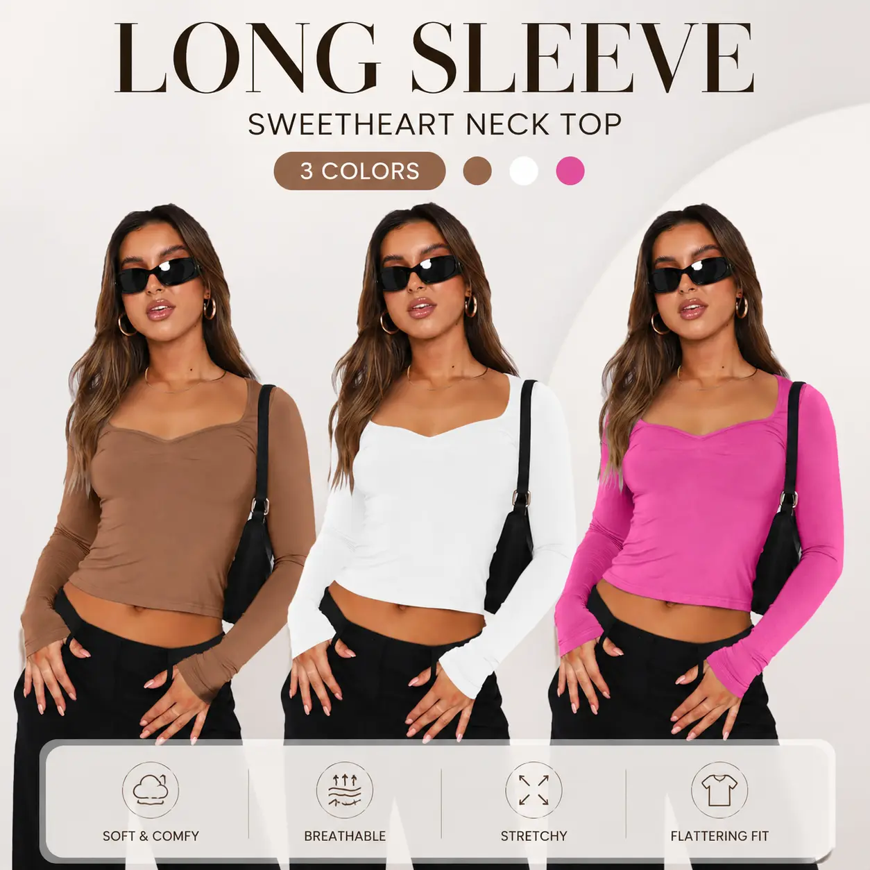 Women's Ruched Crop Top, Long Sleeve Sweetheart Neck Shirt with Slim Fit Stretch Fabric, Soft Casual Tee for Women, Trendy Basic Top for Everyday Wear