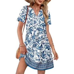 2026 New Summer Casual V-neck Loose Short Sleeve Fashion Beach Holiday Dress