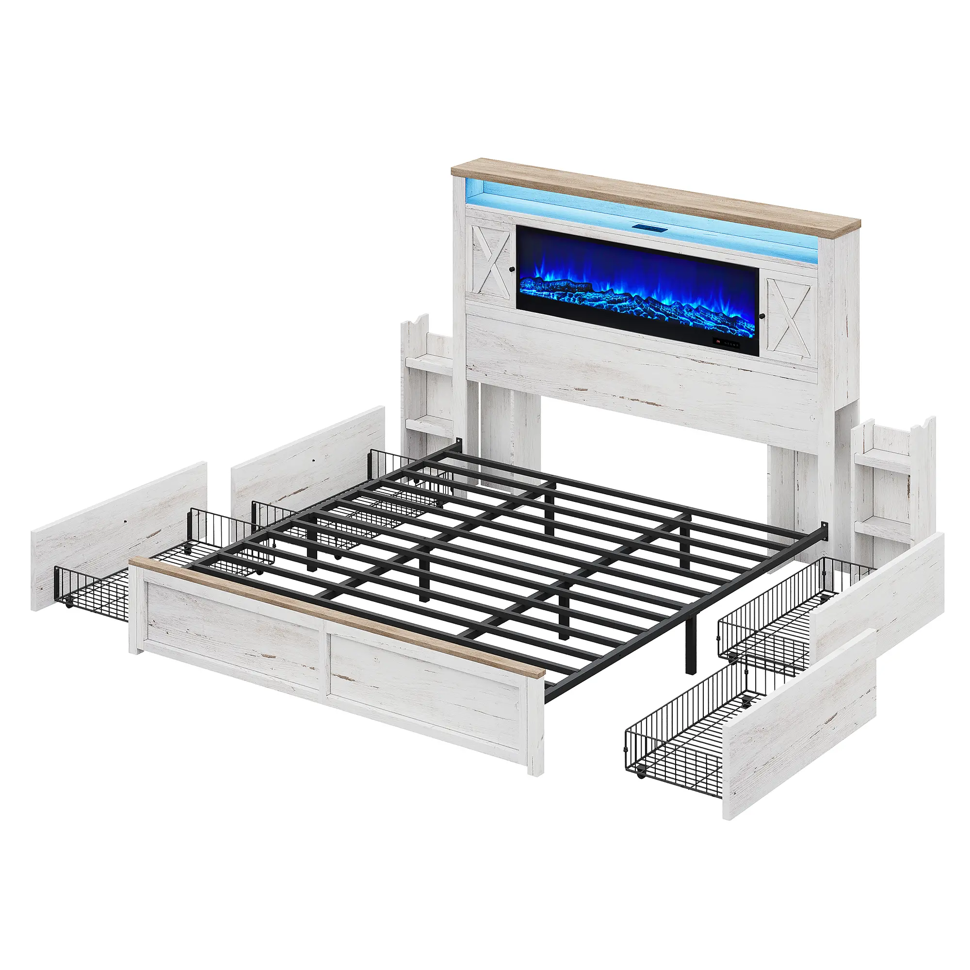 [Ships in 2 Boxes] AMERLIFE Bed Frame with Fireplace, Farmhouse Storage Platform Bed with 57" Headboard, Barn Door Cabinets, 4 Drawers & 2 Bedside Racks, RGB LED & Charging Station