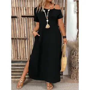 Plus Size Solid Bohemian Casual Dress with Asymmetrical Neckline and Split Hem, Casual Short-Sleeve Long Summer Dress, Women’s Plus-Size Clothing for Everyday Wear