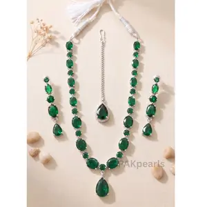Emerald American Diamond Necklace Set with Tikka Earrings, Indian Bridal Wedding Jewelry