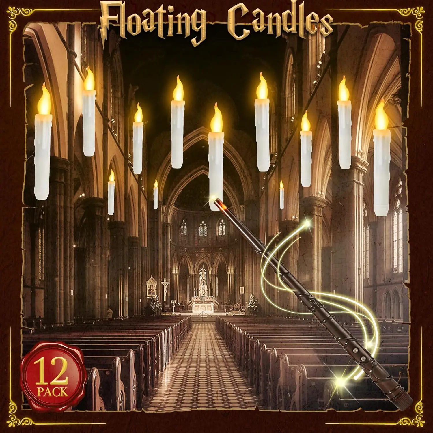 Harry Potter Floating Candles Party Decoration, Battery Operated Flameless Hanging Candle Lighting set with Magic Wand Remote, Sash Battery Operated Taper Candlesticks for Home Church Party  Decoration  Accessories Safety Flickering LED Candle