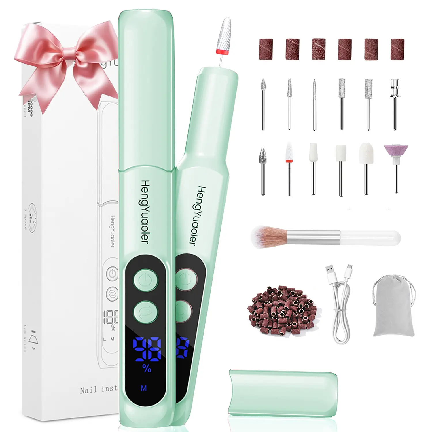 Yuaoler Cordless Nail Drill, Professional 20,000 RPM Rechargeable E-File Kit with 12 Nail Bits, 3-Speed Manicure & Pedicure Tool for Polishing, Shaping & Cuticle Removal, Cutics, Nail Bits For Nail Drill Nail Art Tools Acrylic Nail Supplies