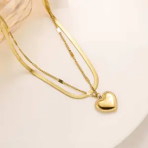 2PCS New Heart LOVE Letter Double Layer Titanium Steel Necklaces for Women Fashionable Layered Three-Dimensional Peach Heart Necklace Combined Chain Elegant Design