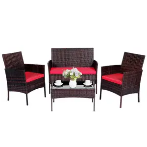 ZOPATICO 4-Piece Outdoor Patio Set Rattan Sofa Brown Rattan & Red Cushion with Chairs Cushions & Tables for Backyard Swimming Pool Garden Home Design Lounge Furniture Outdoor Furniture, Rattan Chairs, Patio Furniture