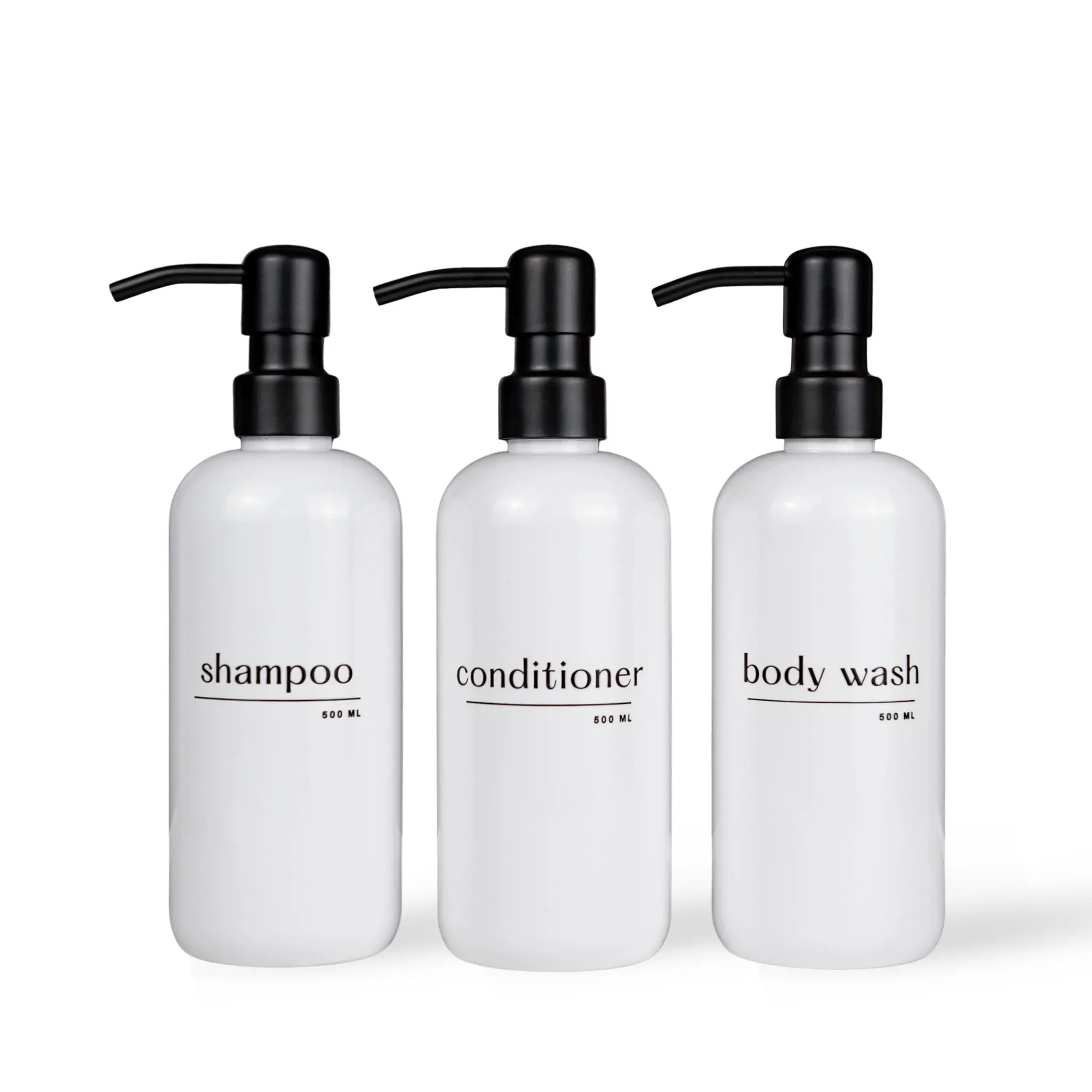 Shampoo & Conditioner Bottle Sets - Refillable | White Dispensers | Bamboo or Plastic Tops