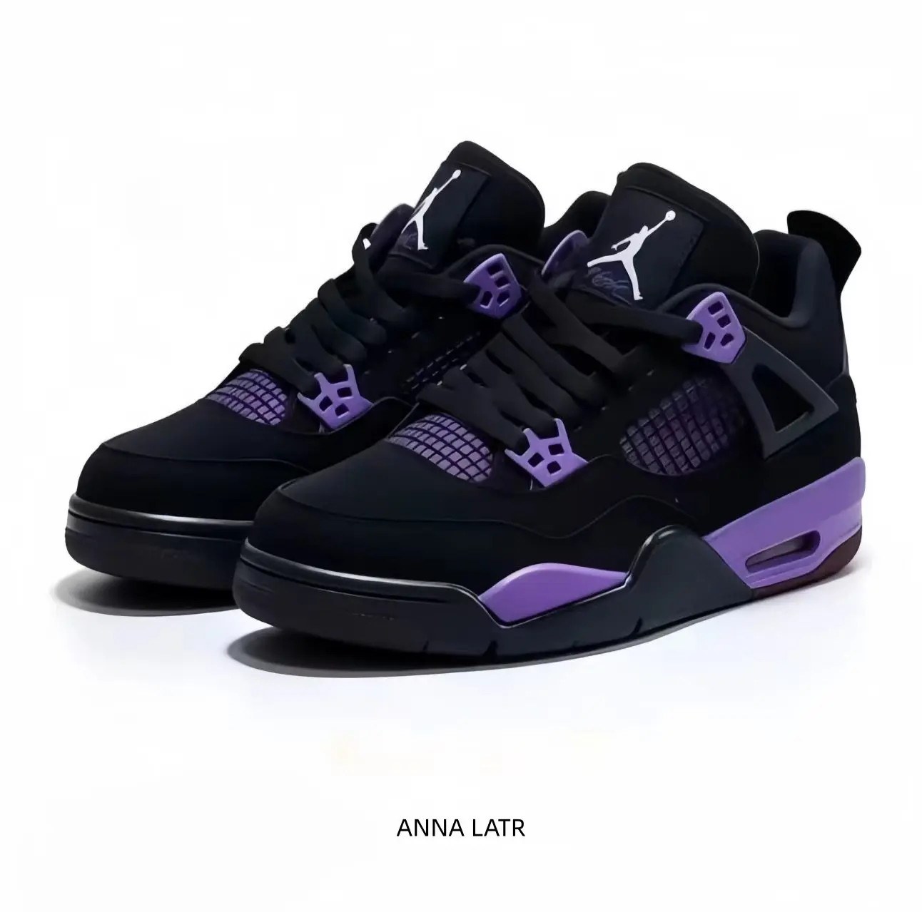 Bold black high-top sneakers featuring breathable mesh panels and vibrant purple accents. Retro basketball silhouette with visible air cushioning and grey detailing for all-day comfort.