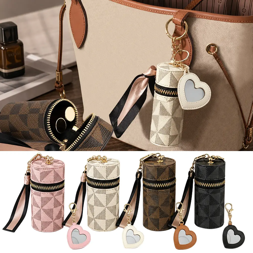 4-pcs PU leather lipstick storage bag, with 4-pcs mini mirror, equipped with keychain, suitable for women, used for daily makeup repair, car keys and handbag accessories, suitable for travel, outings, gifts