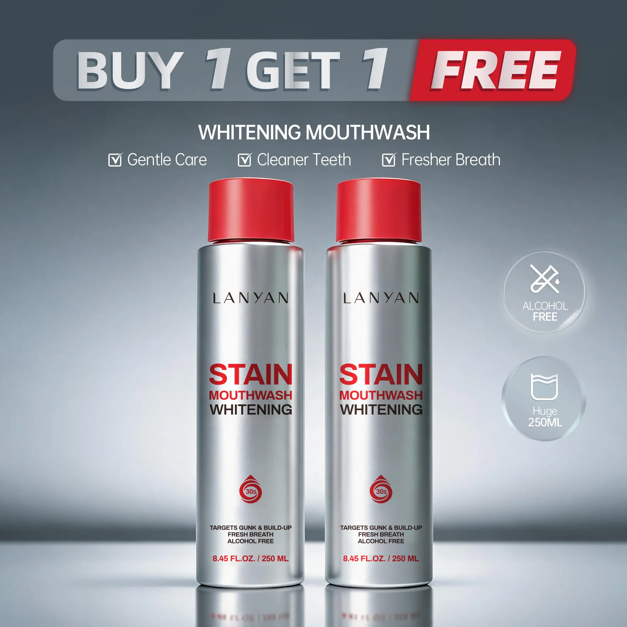 【BUY 1 GET 1 FREE】LANYAN Anti-Stain Whitening Ocean Mint Mouthwash - Alcohol-Free Oral Rinse for Deep Cleaning, Gunk & Build-Up Control, Fresh Breath