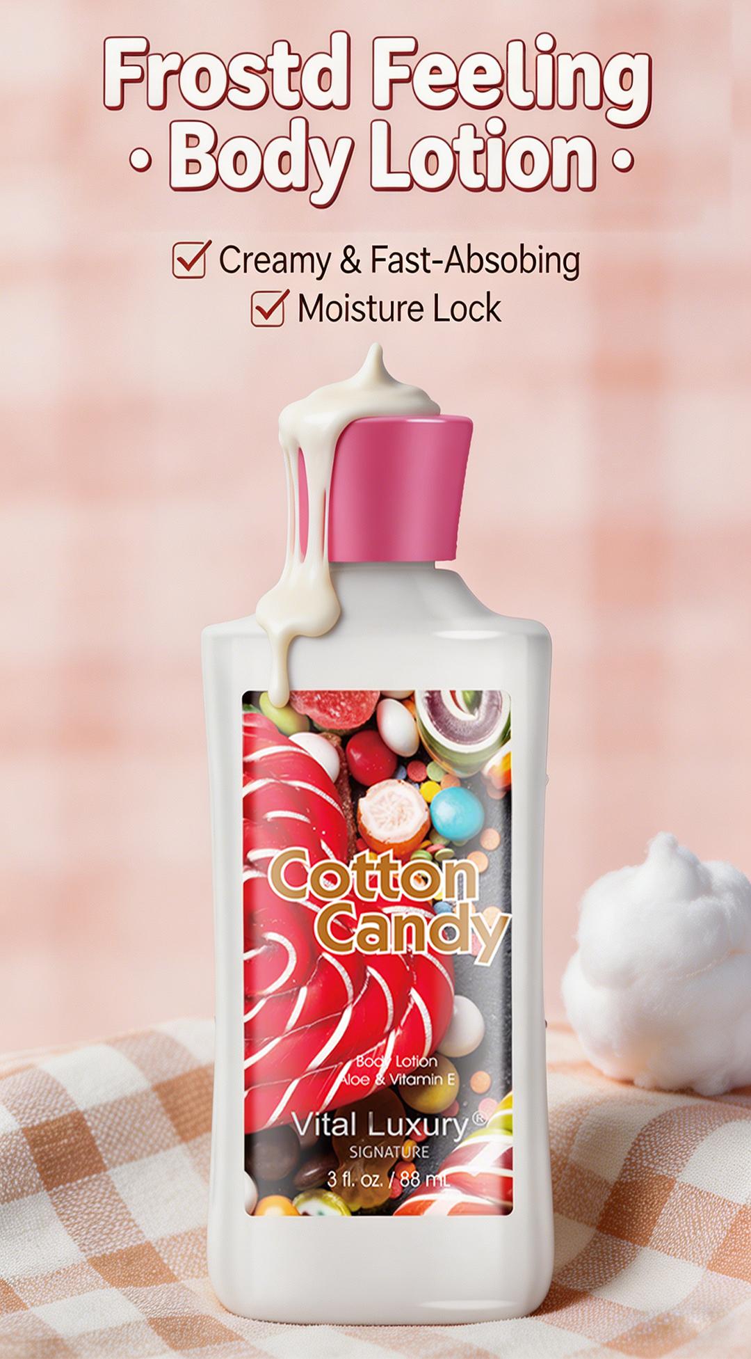 Mother's Day Gift-Vital Luxury Cotton Candy Scented Bath-3 Travel Set - 3oz Shower Gel,3oz Body Lotion, 3oz Body Mist & 2.5oz Bath Salts | SilkyLather, All-Day Freshness, Intense Moisture | Ideal Gift forMom, Wife, Sister & Girlfriend