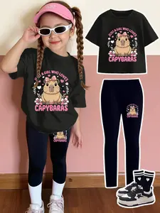 Cute Capybara Two-Piece Set, Girls Outfits for Girls Ages 4-12, Short Sleeve Top with Cartoon Design, Matching Leggings for All Season Wear