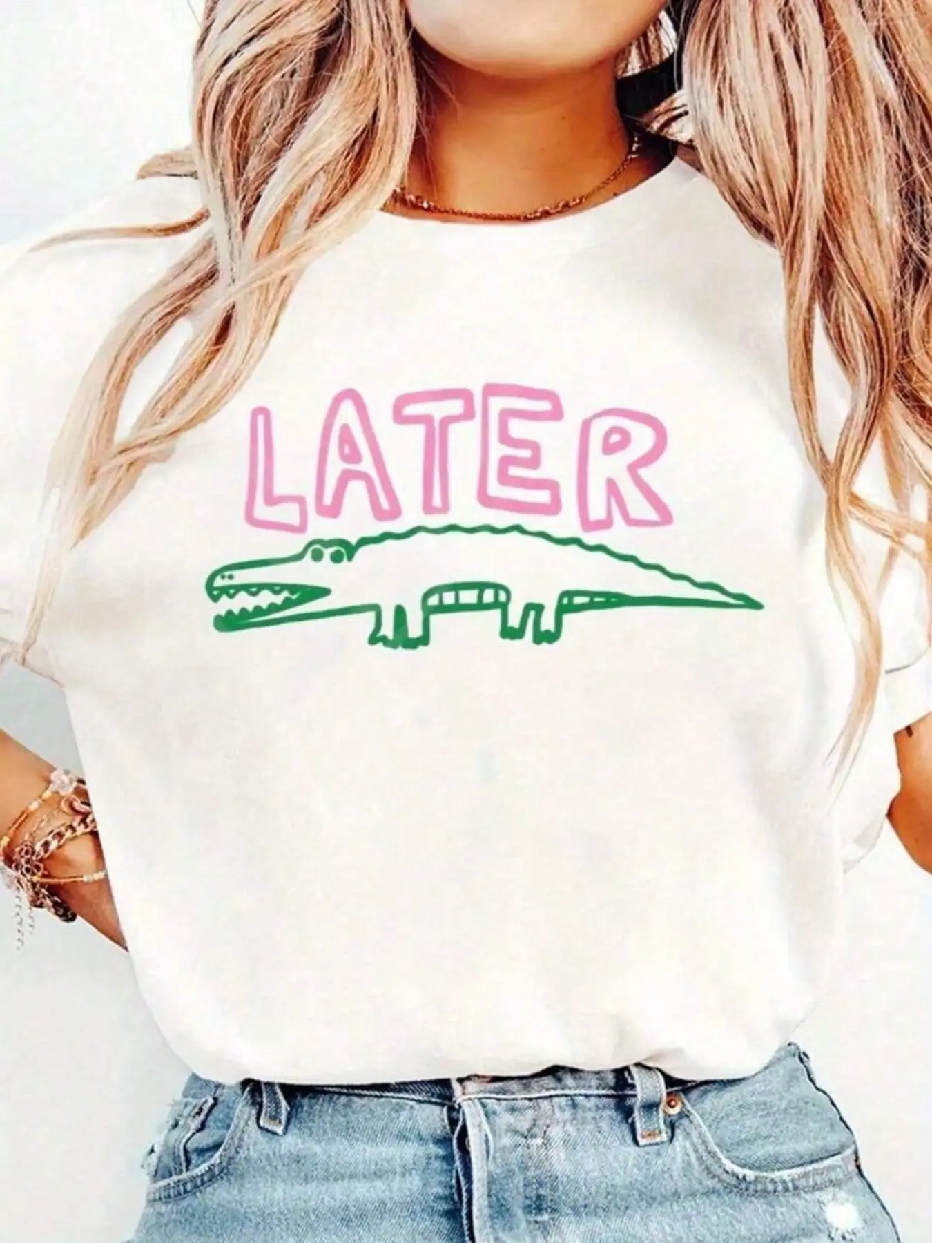 Casual Soft & Comfy, Casual Everyday Tops, Casual Fit Top, Round Neck "Later Gator" Crocodile Graphic T-Shirt for Women, Short Sleeve Tee, Y2K Streetwear Top for Daily Outings, Lightweight Breathable Fabric, Meme Inspired Design, Summer Womenswear
