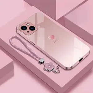 Fashion Trend Beautiful gradual change background with lanyard Love pattern High quality metallic lacquered tempered glass phone case for iPhone 17 16 15 14 13 12 11 X XS XR Pro Max Plus Air series, gift for friends, family