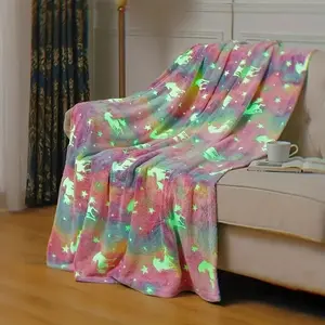 1pc Glow in the Dark Unicorn Flannel Blanket - Ultra Soft Rainbow Fleece Throw  Bedroom & Living Room - Perfect Holiday & Birthday Gift