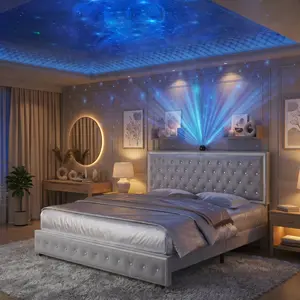 GEGOFORU Queen Size LED Bed Frame  Star projector, Bluetooth speaker, ambient LED light strips, USB ports, and 4 storage drawers. Velvet upholstered high headboard platform bed with silent, noise reducing design. No box spring needed
