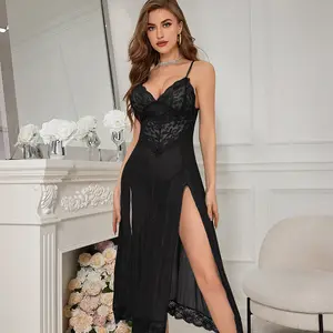 Women'sLaceRobeFloralMeshNightgownVNeckSideSlitsPolyesterLoungewearFitComfortableSoftBreathableForHomeWearDa
