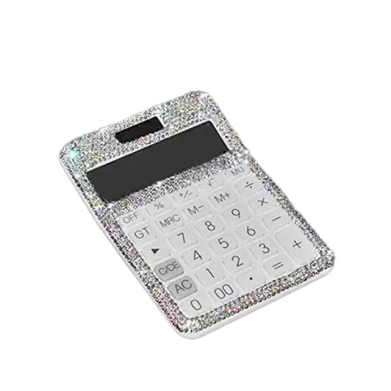 Rhinestone Crystal Dazzling 12 Digit Solar and Battery Dual Power ,LCD Display Calculator for Office, School White US