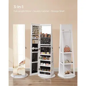 Versatile 63" Swivel Mirror Jewelry Cabinet, 360° Rotating Lockable Armoire with LED Lights & Rear Storage Shelves, Multi-Functional Organizer for Bedroom, Living Room, and Dorm.