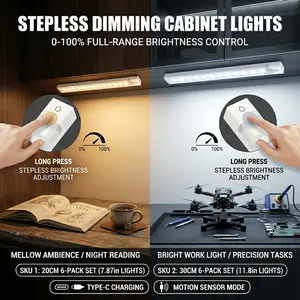 Ultra Slim Under Cabinet LED Lighting 6 Pack 20cm 30cm, Motion Activated, 3 Modes AUTO/ON/OFF, 3 CCT Adjustable, Dimmable, USB Rechargeable, Magnetic No Drill Lights for Kitchen Counter Closet Garage Stairs