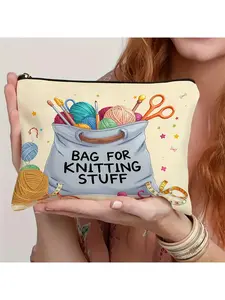 "BAG for KNITTING STUFF" Quirky Makeup Bag - Colorful Yarn & Craft Tools Print Cosmetic Bag, Playful Knitting - Themed Toiletry Organizer with Scissors & Crochet Needles Design, Gift for Knitters & Craft Lovers