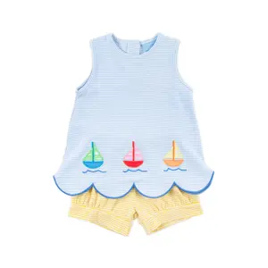 Nautical Adventure Light Blue Stripe Cleo Short Set - Soft Knit Girls 2Pc Outfit