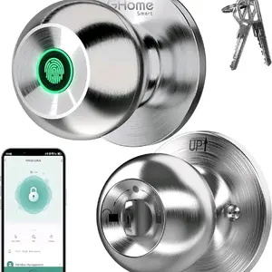 SmartHome Fingerprint Door Knob with App Control & Key, Type-C Port Emergency Charging, Biometric Lock for Front Door, Home, Apartment, Office, Easy Installation, Supplier Warranty