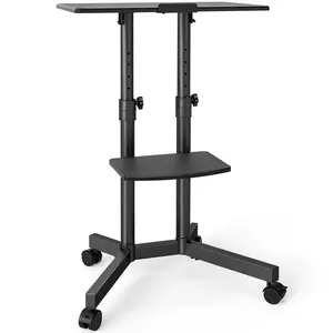 Mobile ComputerTable,  Stand Up Computer Workstation Desk Cart with Shelf , Height Adjustable Rolling Presentation Cart, Black
