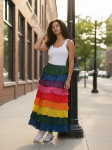 Farm Rio Rainbow Color Blocked Multi-Tiered Ruffle Skirt