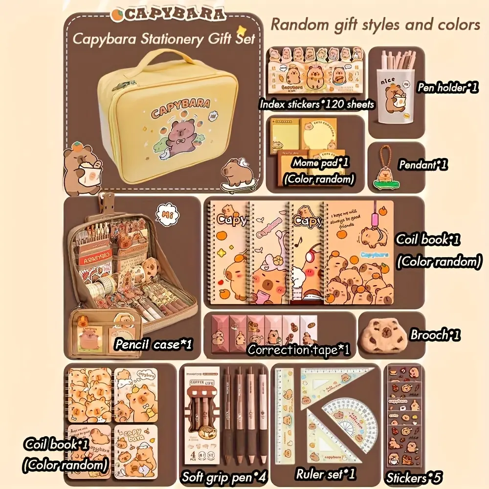 Adorable Cartoon Capybara Design Desk Supplies Set, Aesthetic School Supplies, Stationery Set, School Study Supplies, Student Essentials, Includes Pencil Case & Supplies, Perfect Back-To-School Gift for Students
