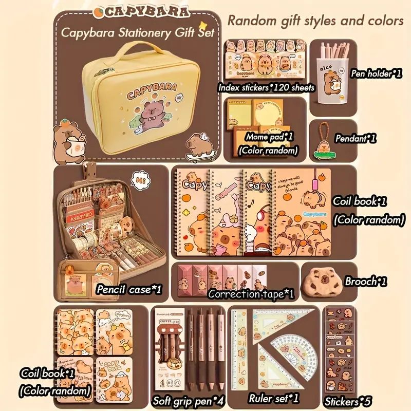 Adorable Cartoon Capybara Design Desk Supplies Set, Aesthetic School Supplies, Stationery Set, School Study Supplies, Student Essentials, Includes Pencil Case & Supplies, Perfect Back-To-School Gift for Students