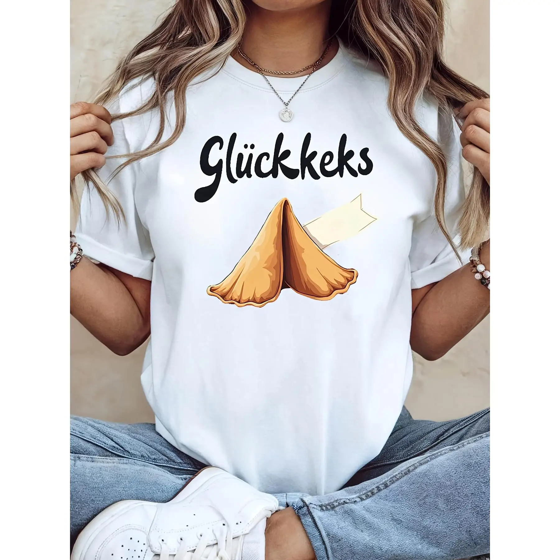 Chic German "Fortune Cookie Lady" Themed Short-Sleeve Solid Sports Top, Lucky Cookie Slogans Print, Yellow-Black Casual Undershirt for Fun Enthusiasts