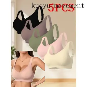 Comfortable 5-Pack Wireless Jelly Bras - Mature Style Solid Color, T-Shirt Bra with Removable Pads, Adjustable Straps, U-Back Design for Womenswear Fabric