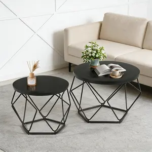 Small Coffee Table Set of 2, Round Coffee End Table with Metal Frame, Glass Tabletop, Gold Side Table for Living Room, Bedroom and Balcony, Modern Style  Modern geometric style coffee table set (2-piece), round stackable side table with hidden