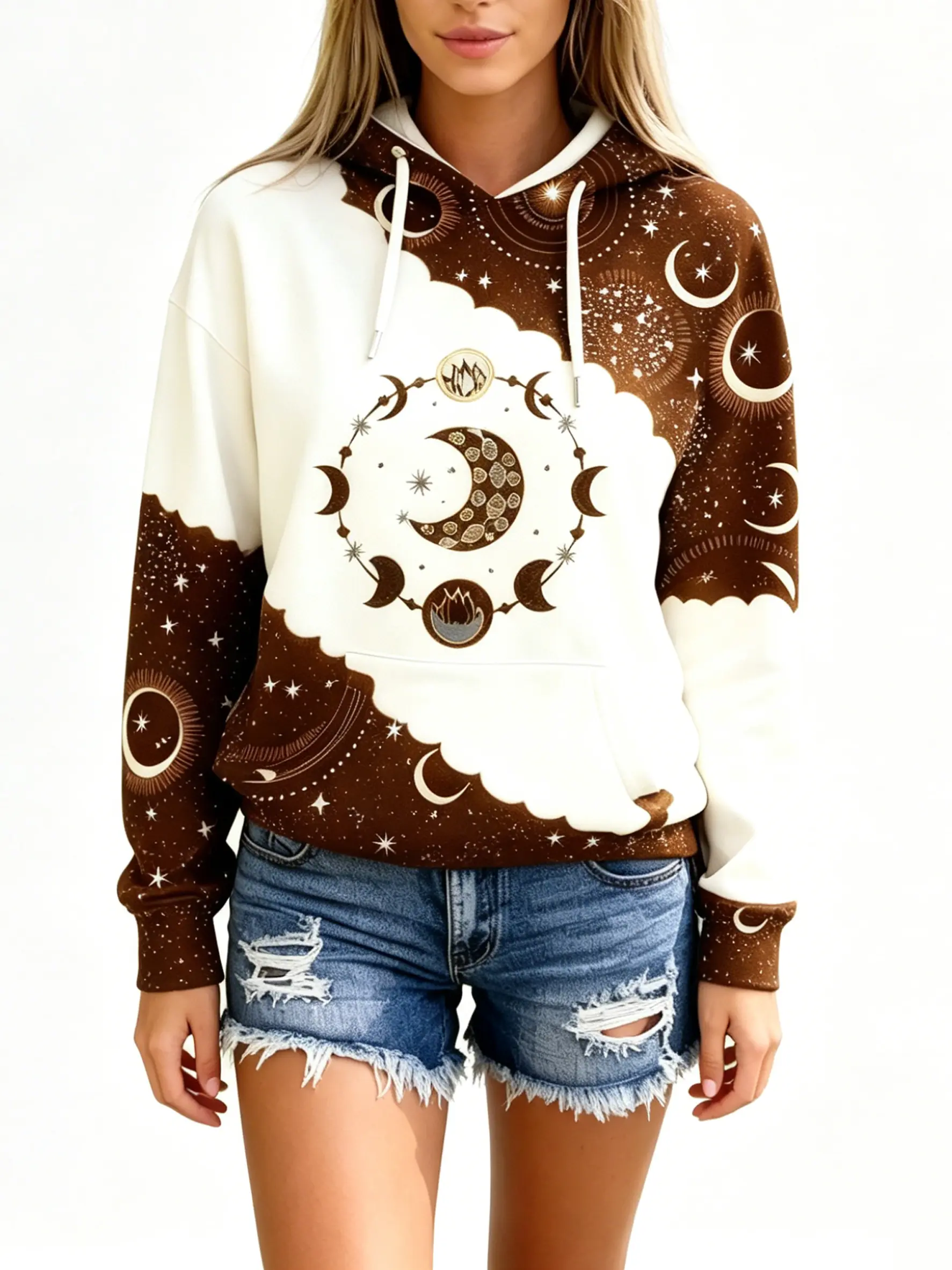 【Cozy & Stylish】Women's Fitted Drop Shoulder Colorblock Hoodie with Unique Moon Star Graphic, Fleece Casual Hooded Sweatshirt for Ladies Daily Wear, Perfect for All Seasons Outfits