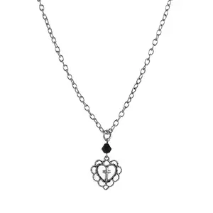 Gothic Punk Style Hollow Heart-Shaped Cross Pendant Necklace