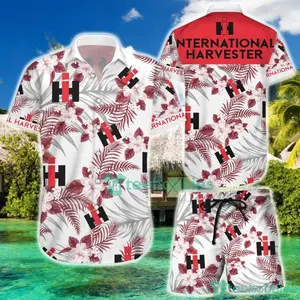 Vintage International Harvester Tractor Tropical Fern Men's Hawaiian Shirt and Short Light Beer Lovers Swim Trunks, Father's Day Aloha Gift for Him, John Deere Trendy Casual Breathable Surfing Beach Shorts Swimwear Menswear