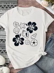Holiday Style Shell Geometric Flower Print Women's Short Sleeve, Casual Slim-Fit Top, All Seasons, Retro Fashion, Size Chart Included
