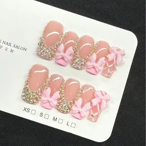 10pcs/set handmade Y2K rapper style nail kit, including nude, pink, French medium square water pipe nails, acrylic pink bow shape decoration acrylic press-on nails, suitable for women and girls parties, daily wear, gifts