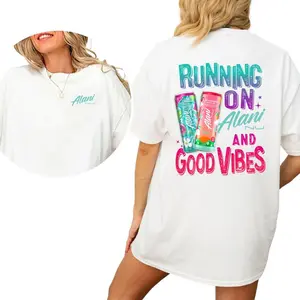 Alani Women's Oversized Graphic Tee - Trendy Streetwear T-shirt for Energy Drink Lovers, Fun Casual Wear with "Running on Alani and Good Vibes" Design